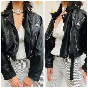 Y2K Black Vegan Moto Leather Jacket – Cropped Goth Grunge Indie Sleaze Glam - S